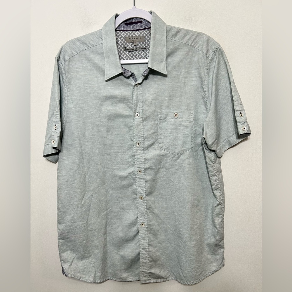 Ted Baker London Linen Blend Micro Print Short Sleeve Button Up Dress Shirt